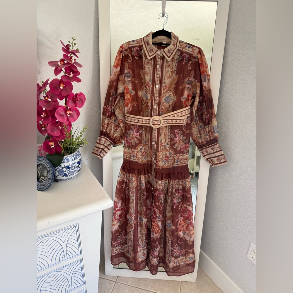 Sheer Floral Button-Front Midi Dress in Rust